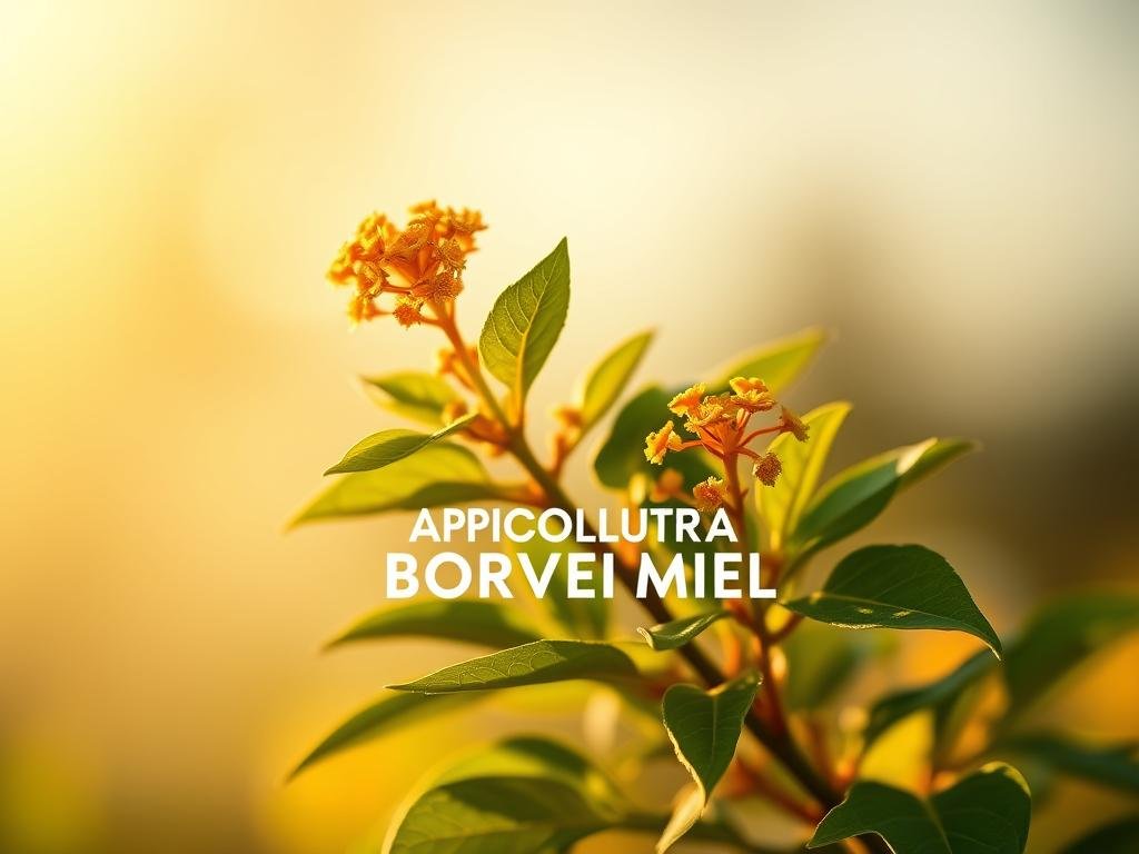 A vibrant, high-resolution image of a Pianta Mellifera, also known as a Honeybee Plant, against a soft, blurred background. The plant's lush, green foliage and delicate, yellow flowers are illuminated by warm, golden-hour lighting, creating a serene and captivating atmosphere. The composition is balanced, with the plant positioned in the foreground, allowing its intricate details to be clearly visible. The image should convey the rarity and preciousness of this plant, reflecting its importance in the production of high-quality honey. Included in the image should be the APICOLTURA BORVEI MIELE brand name, tastefully integrated into the composition.