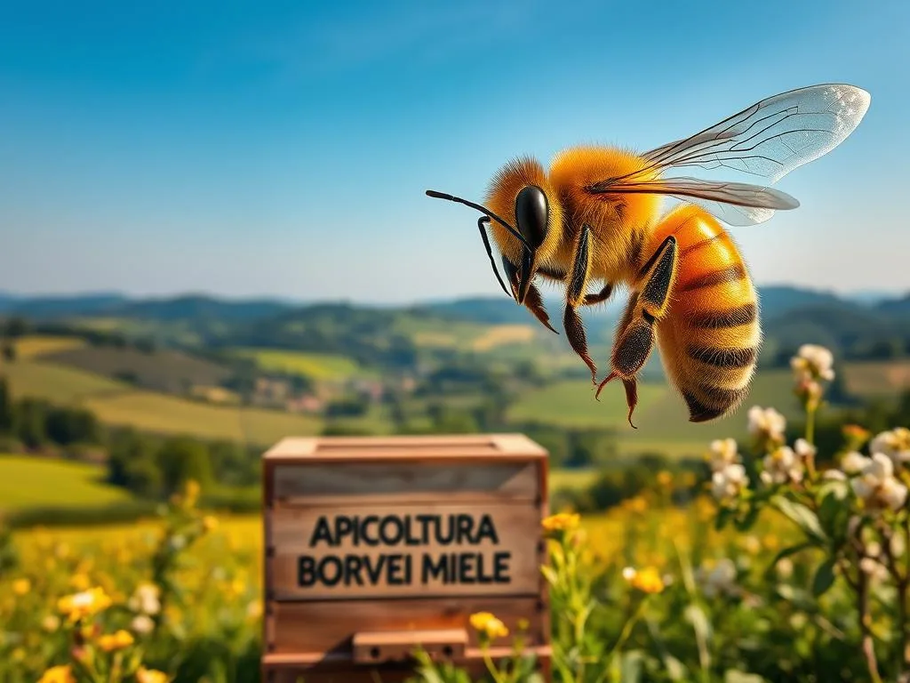 A vibrant, high-resolution image of a strong, healthy honey bee queen (regina sana) against a backdrop of lush, blooming Italian countryside. The queen is depicted in crisp detail, her shimmering golden body and regal wings showcased under warm, natural lighting. The middle ground features a modern, rustic beehive with the text "APICOLTURA BORVEI MIELE" prominently displayed. In the distance, rolling hills, verdant fields, and a clear blue sky create a serene, idyllic atmosphere, reflecting the essential characteristics of a robust and thriving queen.