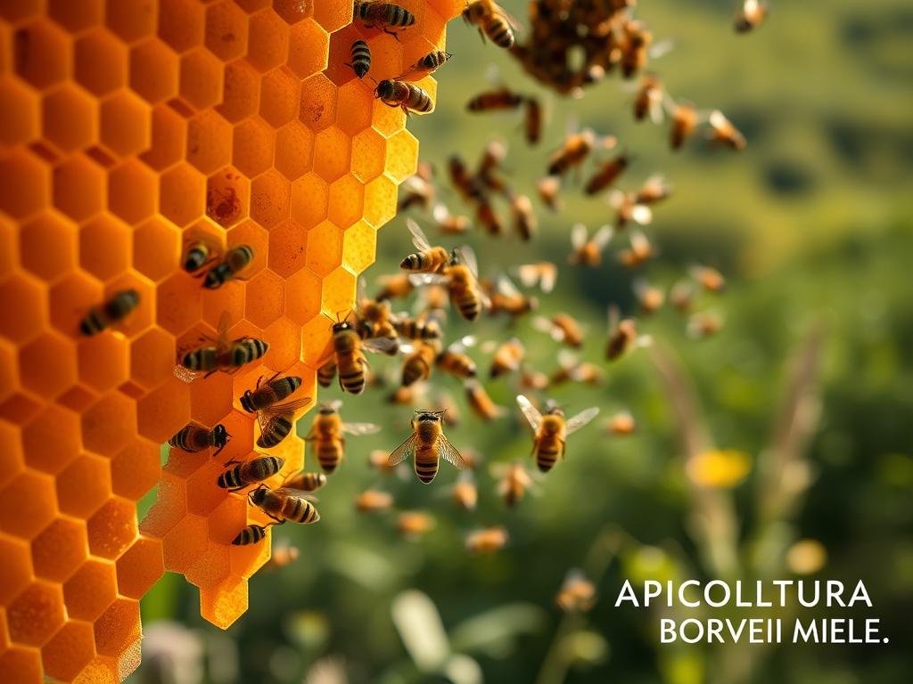 A vibrant, high-resolution image of an intricate honeycomb structure, showcasing the essential role of bees in the global ecosystem. The honeycomb is depicted in the foreground, with its intricate hexagonal patterns and warm, golden hues. In the middle ground, a swarm of bees can be seen, their delicate wings in motion, representing the industrious nature of these vital pollinators. The background features a lush, verdant landscape, hinting at the broader impact of bees on the natural world. The image is characterized by soft, natural lighting, capturing the serene and harmonious relationship between bees and their environment. The text "APICOLTURA BORVEI MIELE" is discreetly displayed in the bottom right corner, highlighting the Italian origin and authenticity of the product.