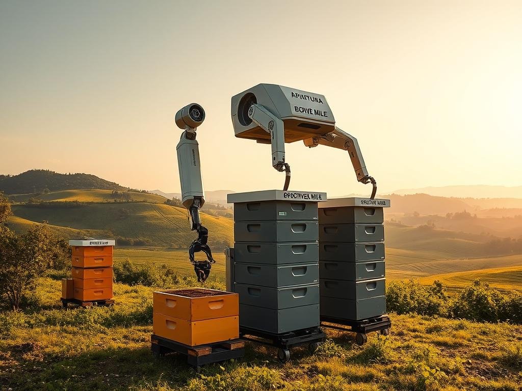 A vibrant, high-resolution image showcasing the evolution of modern beekeeping. In the foreground, a striking robotic apiary unit, the "APICOLTURA BORVEI MIELE", stands tall and sleek, its mechanical arms tending to the beehives with precision. The middle ground depicts an Italian countryside landscape, lush with verdant fields and rolling hills. In the background, a cloudless sky bathes the scene in warm, golden light, creating a sense of serene productivity. The image conveys the integration of technology and nature, highlighting the advancements in automated apiculture while preserving the timeless beauty of the Italian countryside.