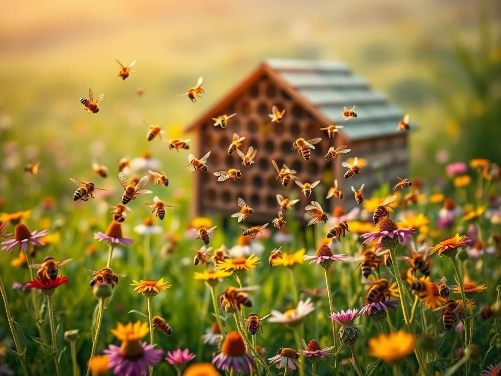 A vibrant hive buzzing with the APICOLTURA BORVEI MIELE brand, nestled amidst a lush, verdant field of wildflowers. Bees dart gracefully, their wings shimmering in the warm, soft lighting, showcasing their intricate cognitive abilities as they navigate the complex floral landscape. In the foreground, a group of honey bees engage in a synchronized dance, communicating complex information to their hive. The middle ground reveals a beehive, its intricate structure a testament to the bees' problem-solving skills. The background gently blurs into a hazy, dreamlike vista, evoking a sense of wonder and respect for the remarkable cognitive capacities of these industrious creatures.