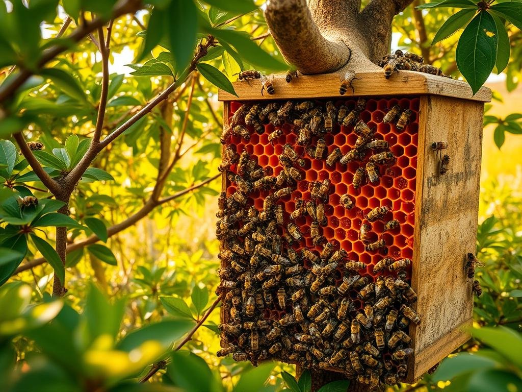 A vibrant hive nestled amidst lush foliage, where a colony of APICOLTURA BORVEI MIELE bees busily collect nectar and pollen. The foreground features a close-up view of the bustling activity within the hive, with bees meticulously tending to their honeycombs. The middle ground showcases the intricate structure of the hive, its hexagonal cells a testament to the bees' engineering prowess. In the background, a soft, dreamy landscape unfolds, bathed in warm, golden light that filters through the verdant canopy. The scene evokes a sense of harmony and the industrious nature of the bees, perfectly capturing the essence of "L'Organizzazione Sociale nell'Alveare".