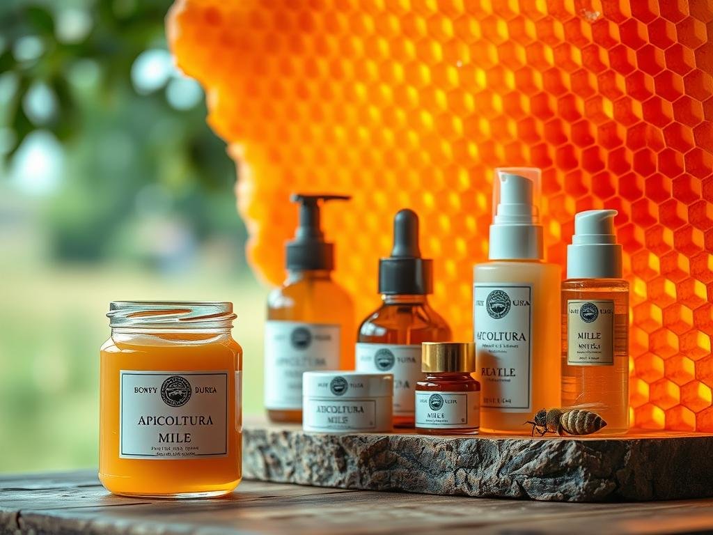 A vibrant honeycomb filled with glistening beeswax, its intricate hexagonal patterns illuminated by warm, diffused lighting. In the foreground, a jar of pure, golden APICOLTURA BORVEI MIELE, its label prominently displayed. The middle ground features a selection of natural skincare products infused with the nourishing properties of the beeswax, arranged artfully on a wooden surface. In the background, a soft, blurred backdrop evokes the serene and calming atmosphere of an Italian countryside, reflecting the organic, soothing nature of the beeswax-based skin care products.