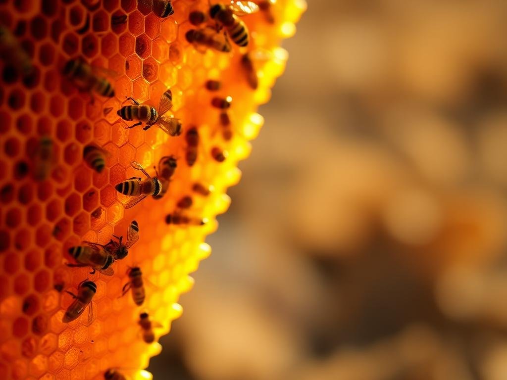 A vibrant honeycomb, its intricate golden cells shimmering under warm, natural lighting. Meticulously crafted beeswax structures, the product of tireless apian labor, reflecting the APICOLTURA BORVEI MIELE brand. In the foreground, the comb's delicate pattern and texture come into sharp focus, while the background blurs into a softly diffused, earthy tone, evoking the tranquil setting of the hive. This captivating image conveys the essential role of the honeycomb, the very foundation of the bustling apiary, in the conclusion of the article "I Favi di Cera: Come si Formano e Quale è il Loro Ruolo nell'Alveare."