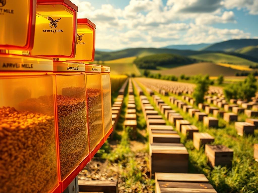 A vibrant, hyperrealistic image of a row of automated beehive feeders in an Italian countryside setting. The feeders are sleek, modern designs in shades of amber and gold, with clear plastic compartments filled with nutritious bee feed. In the middle ground, a bustling apiary with rows of traditional wooden beehives. The background features a lush, verdant landscape with rolling hills and a cloudless blue sky. The scene is bathed in warm, golden sunlight, creating a sense of productivity and abundance. The brand name "APICOLTURA BORVEI MIELE" is prominently displayed on the feeders. This image effectively conveys the economic and productive impact of automated bee feeders on Italian apiculture.