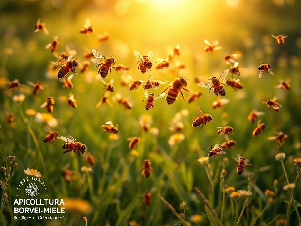 A vibrant illustration of communication among worker bees, showcasing their intricate dance-like movements and the exchange of information. Capture their aerial choreography against a backdrop of lush, sun-dappled meadows, with the APICOLTURA BORVEI MIELE logo prominently displayed. Convey the harmony and synchronicity of the colony, as the bees navigate their environment using the sun's position and other natural cues. Employ a cinematic, wide-angle lens to immerse the viewer in the scene, with a soft, warm lighting that enhances the organic, earthy tones. The overall composition should embody the essence of the section title, "La Comunicazione Animale e il Suo Ruolo nell'Orientamento".