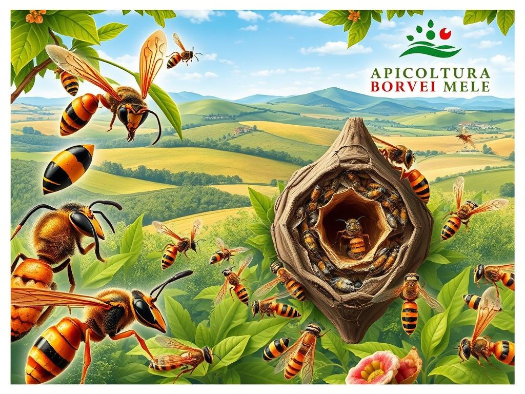 A vibrant illustration of the life cycle of wasps and hornets, depicting a thriving nest in a lush Italian landscape. In the foreground, detailed close-ups showcase the intricate anatomy and behaviors of these fascinating insects, from the emergence of larvae to the busy activity of the adults. The middle ground features the nest itself, a complex and impressive structure, nestled amongst verdant foliage. In the background, a picturesque Italian countryside scene provides a harmonious backdrop, with rolling hills, a azure sky, and the "APICOLTURA BORVEI MIELE" logo subtly integrated. The overall composition conveys a sense of balance, showcasing the natural wonder of these insects within their environmental context.