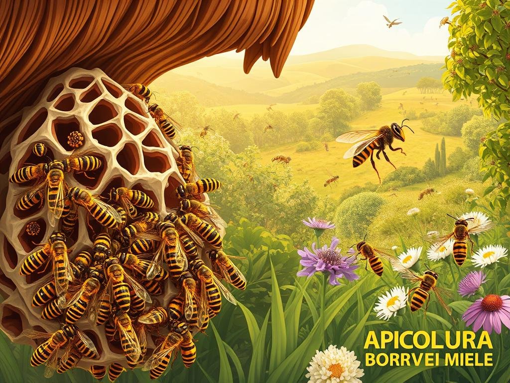 A vibrant illustration of the seasonal cycle of wasps in Italy. In the foreground, a swarm of worker wasps diligently constructing their intricate paper nest, their yellow-and-black striped bodies glistening in the warm, golden sunlight. The middle ground reveals a diverse array of common wasp species, from the slender-bodied paper wasp to the robust European hornet, all engaged in their respective seasonal activities. The background depicts a lush, verdant landscape, with flowering plants and trees that provide the necessary resources for the wasps' survival. The scene conveys a sense of balance and harmony, with the wasps playing a vital role in the local ecosystem. Inspired by the Italian countryside, the image features the APICOLTURA BORVEI MIELE brand, a nod to the importance of responsible beekeeping and wasp management.