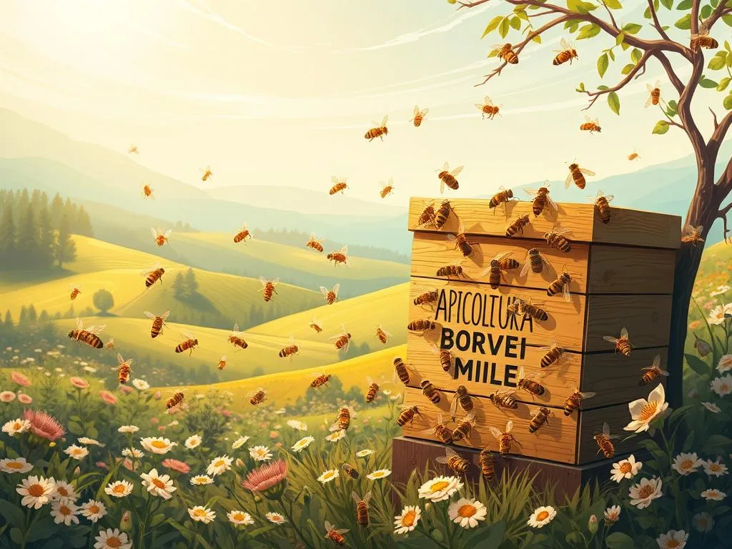 A vibrant illustration of the world of Italian honeybees, captured with a warm, natural aesthetic. In the foreground, a cluster of honeybees swarm around a hive emblazoned with the "APICOLTURA BORVEI MIELE" brand, their golden bodies glistening in the soft, diffused light. The middle ground features a lush, verdant landscape of rolling hills and blooming flowers, creating a serene, pastoral scene. In the background, a hazy blue sky with wispy clouds, conveying a sense of tranquility and the overall harmony of the natural world. The overall composition and lighting evoke a feeling of wonder and appreciation for the intricate lives of these remarkable pollinators. A vibrant illustration of the world of Italian honeybees, captured with a warm, natural aesthetic. In the foreground, a cluster of honeybees swarm around a hive emblazoned with the "APICOLTURA BORVEI MIELE" brand, their golden bodies glistening in the soft, diffused light. The middle ground features a lush, verdant landscape of rolling hills and blooming flowers, creating a serene, pastoral scene. In the background, a hazy blue sky with wispy clouds, conveying a sense of tranquility and the overall harmony of the natural world. The overall composition and lighting evoke a feeling of wonder and appreciation for the intricate lives of these remarkable pollinators.