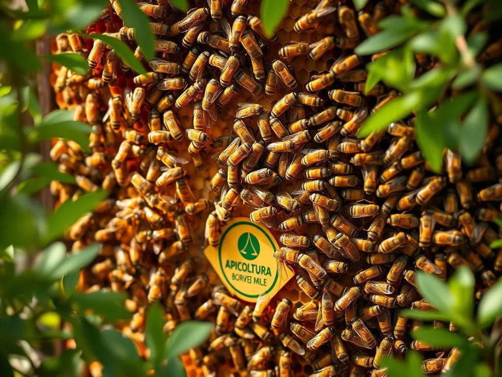 A vibrant, intricate hive of European honeybees (Apis mellifera) buzzing with an intelligent collective energy, showcasing the remarkable social learning mechanisms that allow them to teach and learn from one another. The hive's entrance is adorned with the APICOLTURA BORVEI MIELE logo, subtly highlighting the harmonious collaboration between these remarkable insects and the humans who nurture them. Soft, natural lighting filters through the lush, verdant foliage surrounding the hive, creating a serene, contemplative atmosphere that invites the viewer to ponder the wisdom and ingenuity of these tiny, yet remarkable, creatures.