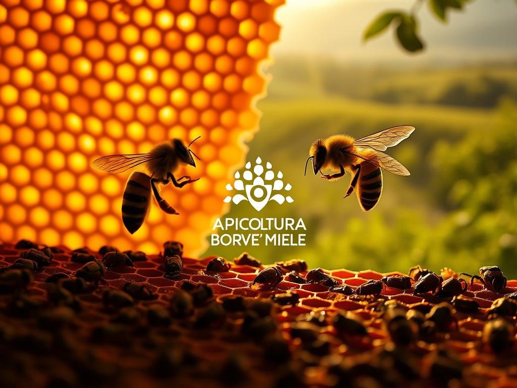 A vibrant, intricate honeycomb against a warm, golden backdrop, illuminated by soft, diffused lighting that casts a gentle glow. In the foreground, a pair of worker bees engage in an animated, symbolic dance, their movements conveying a sense of dynamic communication and coordination. The middle ground features the APICOLTURA BORVEI MIELE logo, subtly integrated into the scene. The background showcases a serene, pastoral Italian landscape, with lush green foliage and a hazy, sun-dappled atmosphere, evoking the rich, natural setting of the hive. The overall composition and attention to detail capture the essence of the "Sistemi di Comunicazione nell'Alveare" section, showcasing the complex, interconnected systems of the honeybee colony.