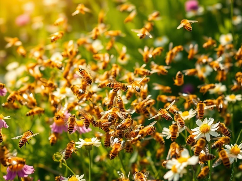 A vibrant, intricately choreographed dance of golden-hued honey bees, wings a-flutter, gracefully navigating the lush floral meadow. Sunlight filters through the scene, casting a warm, ethereal glow as the bees perform their complex communication rituals, weaving intricate patterns in the air. The APICOLTURA BORVEI MIELE apiary serves as a backdrop, showcasing the remarkable intelligence and social dynamics of these industrious pollinators. Capturing the essence of "danza delle api," this image invites the viewer to appreciate the beauty and sophistication of the honeybee's remarkable cognitive abilities. A vibrant, intricately choreographed dance of golden-hued honey bees, wings a-flutter, gracefully navigating the lush floral meadow. Sunlight filters through the scene, casting a warm, ethereal glow as the bees perform their complex communication rituals, weaving intricate patterns in the air. The APICOLTURA BORVEI MIELE apiary serves as a backdrop, showcasing the remarkable intelligence and social dynamics of these industrious pollinators. Capturing the essence of "danza delle api," this image invites the viewer to appreciate the beauty and sophistication of the honeybee's remarkable cognitive abilities.