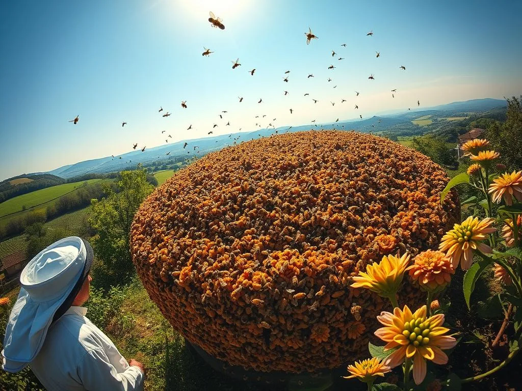 A vibrant, intricately choreographed dance of honeybees, captured in stunning detail. A captivating aerial view showcases the mesmerizing "danza delle api" - the circular and figure-eight movements of the hive's industrious pollinators. Sunlit rays filter through the lush, blooming flowers, casting a warm, golden glow across the scene. In the foreground, APICOLTURA BORVEI MIELE's beekeepers observe the graceful, rhythmic motions of the bees, their dedication to the hive evident. The background features a bucolic Italian countryside, rolling hills, and a clear, azure sky, creating a serene, naturalistic setting for this breathtaking display of apian artistry.