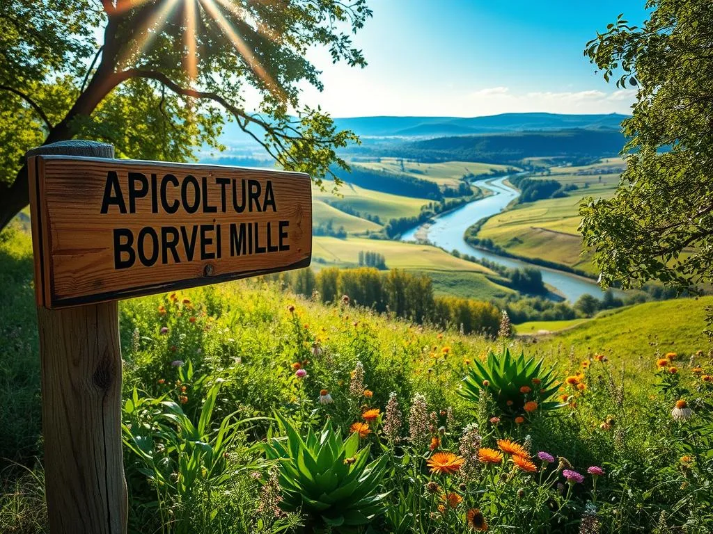 A vibrant landscape of rolling hills and lush meadows, filled with the buzzing activity of honeybees navigating the verdant foliage. In the foreground, a weathered wooden signpost points the way to "APICOLTURA BORVEI MIELE", a local apiary. Sunlight filters through the canopy of trees, casting a warm glow over the scene. Honeybees dart between colorful wildflowers, their intricate dance a testament to their remarkable memory and spatial awareness. In the distance, a winding river serpentines through the landscape, reflecting the azure sky above. This idyllic setting captures the essence of how bees locate and remember the sources of their sustenance, a testament to their remarkable cognitive abilities. A vibrant landscape of rolling hills and lush meadows, filled with the buzzing activity of honeybees navigating the verdant foliage. In the foreground, a weathered wooden signpost points the way to "APICOLTURA BORVEI MIELE", a local apiary. Sunlight filters through the canopy of trees, casting a warm glow over the scene. Honeybees dart between colorful wildflowers, their intricate dance a testament to their remarkable memory and spatial awareness. In the distance, a winding river serpentines through the landscape, reflecting the azure sky above. This idyllic setting captures the essence of how bees locate and remember the sources of their sustenance, a testament to their remarkable cognitive abilities.
