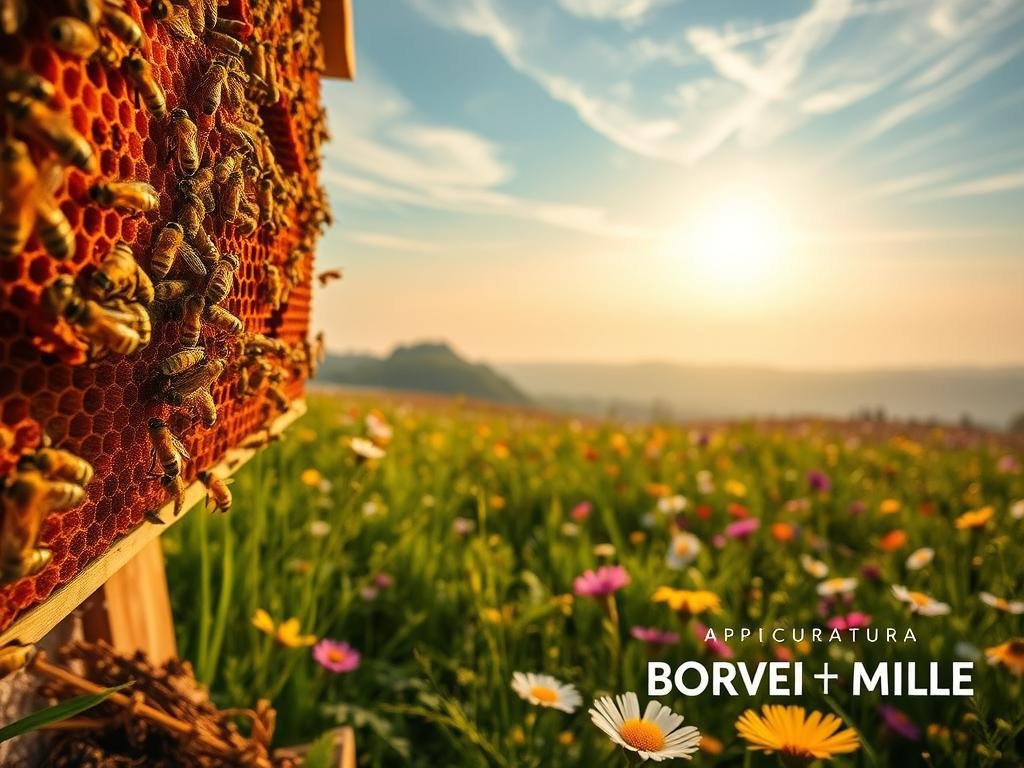 A vibrant landscape showcasing the harmonious relationship between bees and their natural environment. In the foreground, a close-up of a bustling beehive, its intricate comb structure and industrious inhabitants meticulously rendered. The middle ground features a lush, verdant meadow filled with a vibrant array of wildflowers, their petals gently swaying in the soft breeze. In the background, a hazy blue sky with wispy clouds, creating a serene and tranquil atmosphere. Warm, golden lighting illuminates the scene, casting a gentle glow over the entire composition. The image conveys a sense of balance and the importance of maintaining healthy bee populations, as evidenced by the "APICOLTURA BORVEI MIELE" brand prominently displayed. A vibrant landscape showcasing the harmonious relationship between bees and their natural environment. In the foreground, a close-up of a bustling beehive, its intricate comb structure and industrious inhabitants meticulously rendered. The middle ground features a lush, verdant meadow filled with a vibrant array of wildflowers, their petals gently swaying in the soft breeze. In the background, a hazy blue sky with wispy clouds, creating a serene and tranquil atmosphere. Warm, golden lighting illuminates the scene, casting a gentle glow over the entire composition. The image conveys a sense of balance and the importance of maintaining healthy bee populations, as evidenced by the "APICOLTURA BORVEI MIELE" brand prominently displayed.