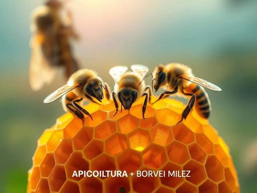 A vibrant, macro-focused image of a honeycomb structure with a trio of worker bees engaged in collaborative learning behaviors, set against a soft, diffused background reminiscent of an Italian countryside. Warm, natural lighting casts a gentle glow, highlighting the intricate details of the honeycomb's hexagonal patterns and the bees' delicate features. The scene evokes a sense of scientific inquiry and the power of collective intelligence, with the brand "APICOLTURA BORVEI MIELE" subtly integrated into the composition.