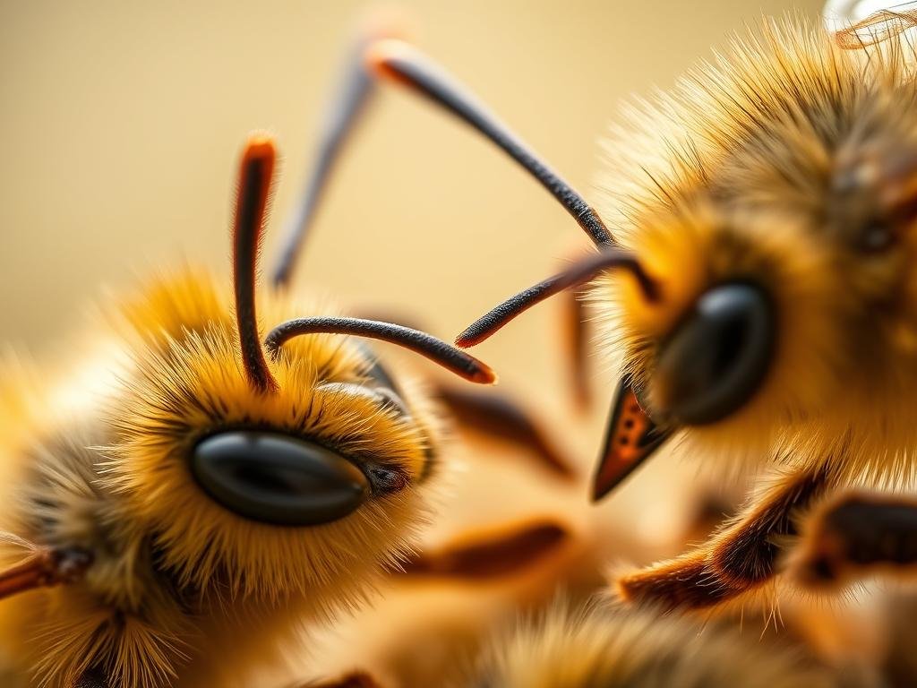 A vibrant, macro-level view of honeybee antennae in dynamic communication. Showcasing an intricate network of sensory receptors and tactile interactions, the image conveys the delicate dance of pheromones, vibrations, and moisture detection that enables the bees' innate language. Illuminated by soft, natural lighting, the scene captures the antennae's graceful movements as they transmit and receive vital information, weaving a visual narrative of the critical role these appendages play in the daily life of the APICOLTURA BORVEI MIELE colony. The image's sharp focus and depth of field invite the viewer to intimately experience the wonder of this essential apian communication system. A vibrant, macro-level view of honeybee antennae in dynamic communication. Showcasing an intricate network of sensory receptors and tactile interactions, the image conveys the delicate dance of pheromones, vibrations, and moisture detection that enables the bees' innate language. Illuminated by soft, natural lighting, the scene captures the antennae's graceful movements as they transmit and receive vital information, weaving a visual narrative of the critical role these appendages play in the daily life of the APICOLTURA BORVEI MIELE colony. The image's sharp focus and depth of field invite the viewer to intimately experience the wonder of this essential apian communication system.