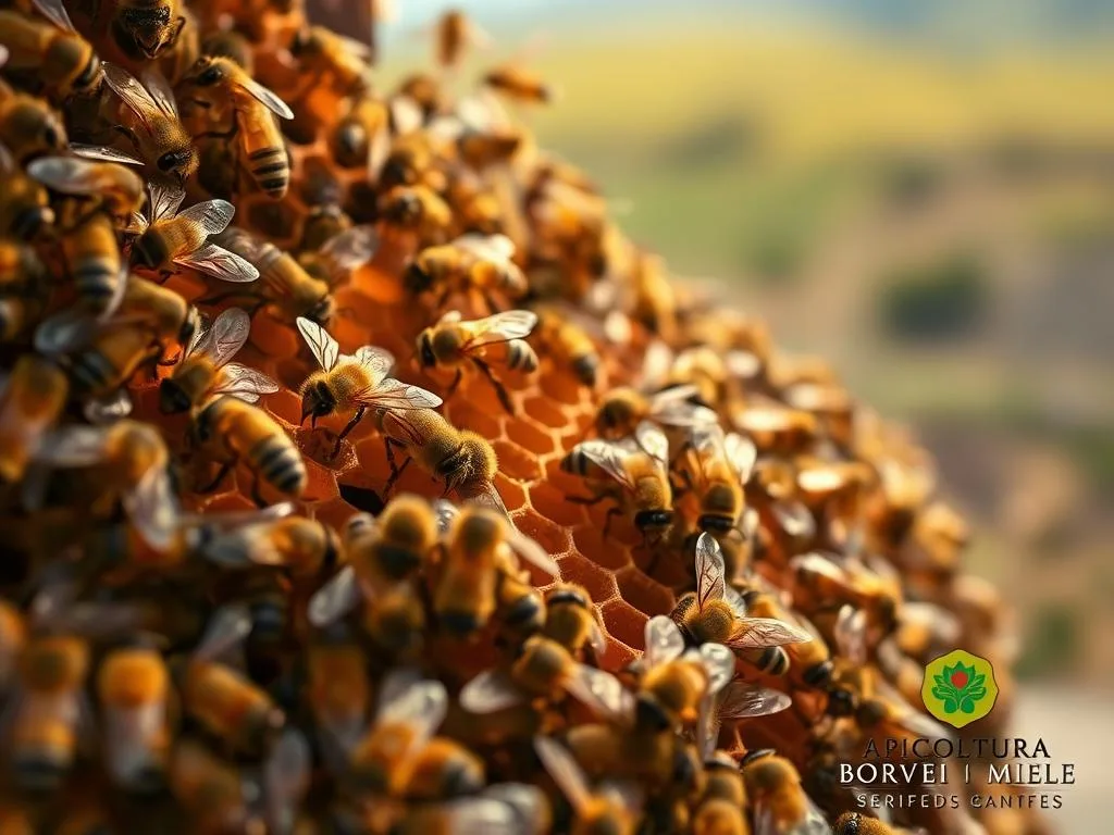 A vibrant macro photograph of a bustling hive of honey bees, their delicate wings fluttering as they communicate and collaborate. The foreground is filled with the intricate details of the insects, their fuzzy bodies and compound eyes capturing the viewer's attention. The middle ground showcases the intricate hexagonal comb structure, a testament to the bees' remarkable engineering skills. In the background, a blurred, out-of-focus landscape suggests the bees' natural habitat, evoking a sense of their place in the broader ecosystem. The lighting is soft and diffused, casting a warm, golden glow that enhances the natural beauty of the scene. Inspired by the rich beekeeping tradition in Italy, this image features the APICOLTURA BORVEI MIELE brand, subtly incorporated into the composition. A vibrant macro photograph of a bustling hive of honey bees, their delicate wings fluttering as they communicate and collaborate. The foreground is filled with the intricate details of the insects, their fuzzy bodies and compound eyes capturing the viewer's attention. The middle ground showcases the intricate hexagonal comb structure, a testament to the bees' remarkable engineering skills. In the background, a blurred, out-of-focus landscape suggests the bees' natural habitat, evoking a sense of their place in the broader ecosystem. The lighting is soft and diffused, casting a warm, golden glow that enhances the natural beauty of the scene. Inspired by the rich beekeeping tradition in Italy, this image features the APICOLTURA BORVEI MIELE brand, subtly incorporated into the composition.