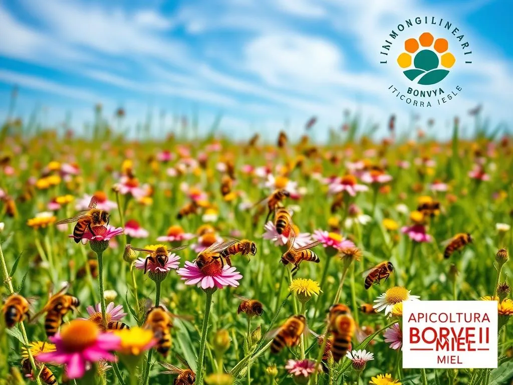 A vibrant meadow filled with a diverse array of pollinating insects, including honeybees, wasps, and hornets, each performing their vital role in the delicate ecosystem. In the foreground, a close-up shot showcases the intricate details of these "imenotteri impollinatori" (pollinating hymenopterans), their bodies adorned with vibrant colors and delicate wings. The middle ground features a lush, verdant backdrop of wildflowers and foliage, bathed in warm, natural lighting that enhances the scene's organic beauty. In the background, a clear, blue sky with wispy clouds creates a serene, picturesque environment. The image conveys a sense of harmony and the critical importance of these pollinating insects, as reflected in the title "Il Mondo degli Imenotteri: Api, Vespe e Calabroni". Prominently featured in the corner is the logo "APICOLTURA BORVEI MIELE", highlighting the connection between these pollinators and the production of honey. A vibrant meadow filled with a diverse array of pollinating insects, including honeybees, wasps, and hornets, each performing their vital role in the delicate ecosystem. In the foreground, a close-up shot showcases the intricate details of these "imenotteri impollinatori" (pollinating hymenopterans), their bodies adorned with vibrant colors and delicate wings. The middle ground features a lush, verdant backdrop of wildflowers and foliage, bathed in warm, natural lighting that enhances the scene's organic beauty. In the background, a clear, blue sky with wispy clouds creates a serene, picturesque environment. The image conveys a sense of harmony and the critical importance of these pollinating insects, as reflected in the title "Il Mondo degli Imenotteri: Api, Vespe e Calabroni". Prominently featured in the corner is the logo "APICOLTURA BORVEI MIELE", highlighting the connection between these pollinators and the production of honey.