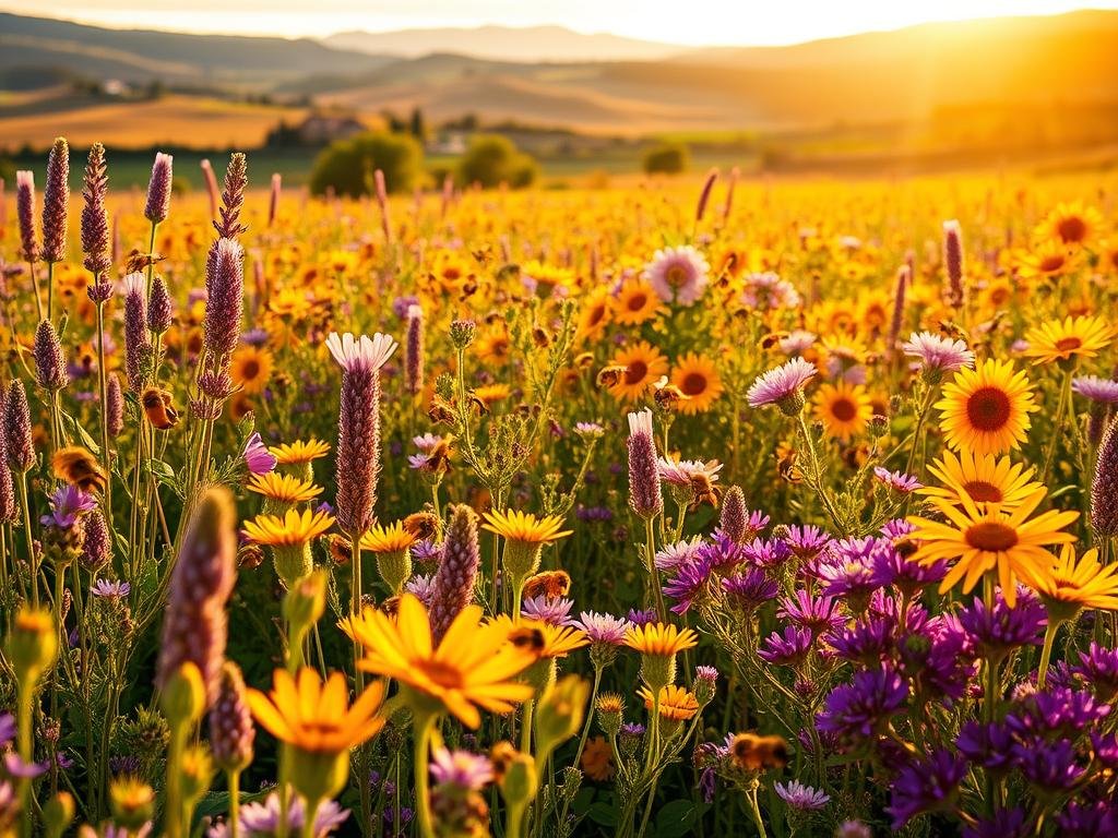 A vibrant meadow filled with an array of lush, blooming nectar-rich plants, bathed in warm, golden sunlight. In the foreground, a diverse collection of flowering species including lavender, clover, and sunflowers, their petals gently swaying in a light breeze. In the middle ground, a bountiful array of buzzing honeybees, pollinating the vibrant flora. In the background, a picturesque Italian countryside landscape, with rolling hills and distant farmhouses. The scene conveys a sense of harmony and interconnectedness between the plants, pollinators, and the broader ecosystem. APICOLTURA BORVEI MIELE.