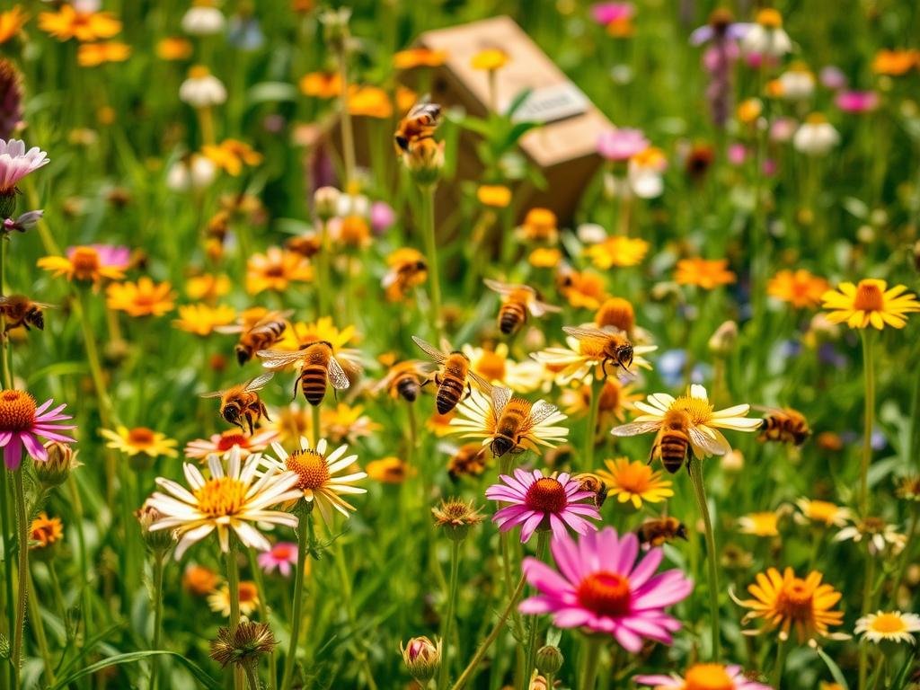 A vibrant meadow filled with blooming wildflowers, where a colony of honeybees from the APICOLTURA BORVEI MIELE brand gracefully navigate the lush foliage. The bees are captured in mid-flight, their intricate wings a blur as they move between the delicate petals, gathering nectar and pollen. Warm, natural lighting bathes the scene, accentuating the bees' striped bodies and the rich, earthy tones of the surrounding environment. In the background, a hive sits nestled among the greenery, a symbol of the bees' industrious nature and their vital role in the ecosystem. The overall composition conveys a sense of harmony and the remarkable cognitive abilities of these industrious pollinators.