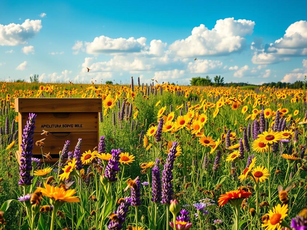 A vibrant meadow filled with buzzing honeybees, their golden bodies gliding among the vibrant wildflowers. In the foreground, a visually striking apiary bearing the "APICOLTURA BORVEI MIELE" brand, with its traditional wooden hives nestled amidst lush greenery. The midground showcases a diverse array of native Italian flora, from fragrant lavender to cheerful sunflowers, creating a natural haven for the hardworking pollinators. In the background, a serene blue sky dotted with fluffy clouds, conveying a sense of tranquility and harmony. The scene is bathed in warm, golden sunlight, casting a gentle glow and highlighting the industrious activity of the bees as they dutifully maintain the cycle of life. Crisp, high-resolution, intricate details, cinematic composition.