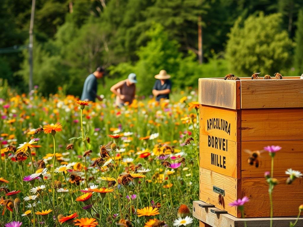 A vibrant meadow filled with colorful wildflowers, buzzing with activity as honeybees gather nectar from the blooms. In the foreground, a wooden beehive stands prominently, its exterior adorned with the label "APICOLTURA BORVEI MIELE". The midground depicts a group of people tending to the hive, their expressions focused as they work to ensure the bees' wellbeing. In the background, a lush, green forest serves as a serene backdrop, highlighting the importance of preserving natural habitats for these vital pollinators. The scene is bathed in soft, warm lighting, conveying a sense of harmony and environmental stewardship.