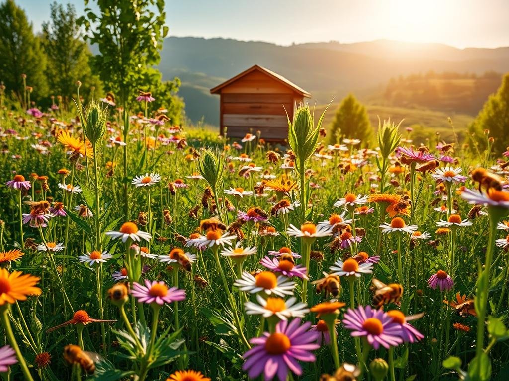 A vibrant meadow filled with lush greenery and a diverse array of wildflowers, where a colony of honeybees from the "Apicoltura" brand busily pollinate the flora. The sun's warm rays filter through the scene, casting a golden glow and highlighting the intricate patterns of the bees' wings as they dart from blossom to blossom. In the middle ground, a wooden beehive stands as a testament to the industrious nature of these essential pollinators, while the background features rolling hills and a clear, azure sky, symbolizing the importance of biodiversity and the delicate balance of the ecosystem.