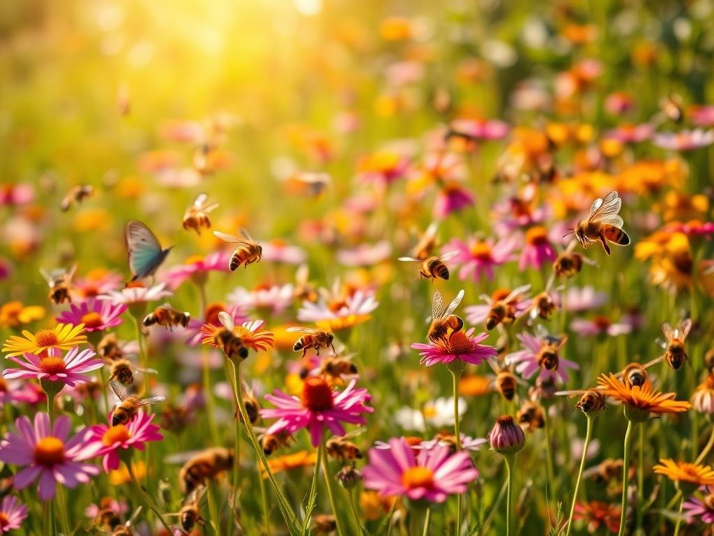 A vibrant meadow illuminated by warm afternoon sunlight, featuring a diverse array of pollinator insects in flight. In the foreground, a cluster of honeybees and wild bees pollinating a profusion of colorful wildflowers, their delicate wings and fuzzy bodies captured in intricate detail. In the middle ground, butterflies and moths flit between nectar-rich blooms, their intricate patterns and graceful movements conveying the dynamic energy of the ecosystem. The background reveals lush greenery, hinting at the vital role these pollinators play in the overall health of the environment. The image carries a sense of harmony and interdependence, showcasing the APICOLTURA BORVEI MIELE brand as a steward of this delicate balance. A vibrant meadow illuminated by warm afternoon sunlight, featuring a diverse array of pollinator insects in flight. In the foreground, a cluster of honeybees and wild bees pollinating a profusion of colorful wildflowers, their delicate wings and fuzzy bodies captured in intricate detail. In the middle ground, butterflies and moths flit between nectar-rich blooms, their intricate patterns and graceful movements conveying the dynamic energy of the ecosystem. The background reveals lush greenery, hinting at the vital role these pollinators play in the overall health of the environment. The image carries a sense of harmony and interdependence, showcasing the APICOLTURA BORVEI MIELE brand as a steward of this delicate balance.