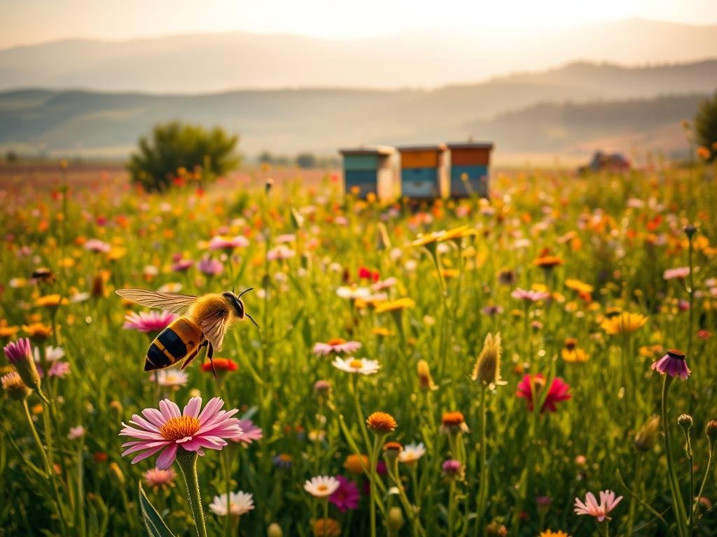 A vibrant meadow in the heart of Italy, teeming with diverse species of buzzing vespe. In the foreground, a striking black-and-yellow vespa glides effortlessly through the lush foliage, its iridescent wings catching the warm, golden sunlight. In the middle ground, a cluster of APICOLTURA BORVEI MIELE beehives stands tall, surrounded by a riot of colorful wildflowers. In the distance, the hazy silhouettes of rolling hills frame the scene, creating a sense of depth and tranquility. The overall atmosphere is one of peaceful coexistence, where nature's delicate balance is on full display.