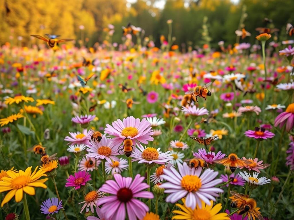 A vibrant meadow teeming with a diverse array of pollinating insects, their delicate wings fluttering amidst a sea of blooming flowers. In the foreground, a cluster of honeybees busily gathering nectar from a lush, colorful array of wildflowers, their fuzzy bodies dusted with pollen. In the middle ground, a variety of butterflies and moths dance between the blossoms, their intricate patterns catching the warm, golden light. In the background, a tranquil forest provides a serene backdrop, hinting at the natural habitats that support these vital pollinators. The overall scene conveys a sense of harmony and abundance, capturing the essence of a thriving pollinator-friendly garden. APICOLTURA BORVEI MIELE.