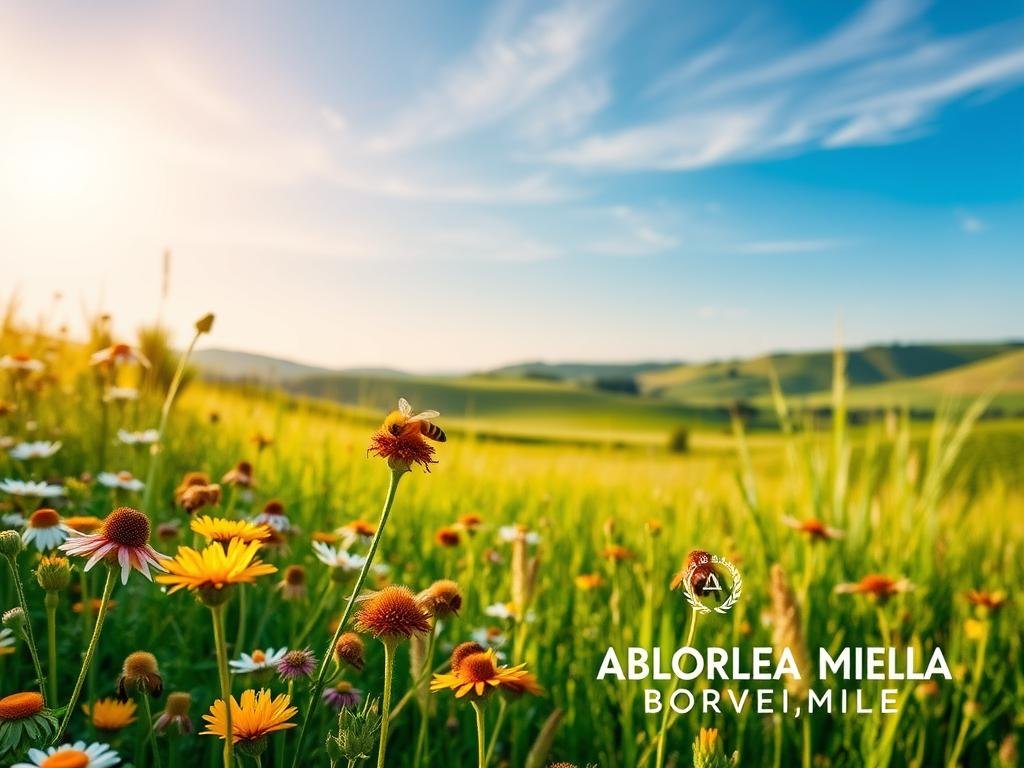 A vibrant meadow teeming with diverse pollinator-friendly flowers, bathed in warm, golden afternoon sunlight. In the foreground, a cluster of colorful honeybees gather nectar and pollen from the blooms, their fuzzy bodies dusted with pollen grains. In the middle ground, a lush, verdant landscape unfolds, with rolling hills and swaying grasses. In the background, a clear blue sky sets the scene, with wispy clouds drifting overhead. The overall atmosphere conveys the harmonious relationship between plants, pollinators, and the environment. Inspired by images from the Italian countryside, this scene represents the "Fattori Ambientali che Influenzano la Produzione di Nettare e Polline". Prominently featured is the "APICOLTURA BORVEI MIELE" brand.