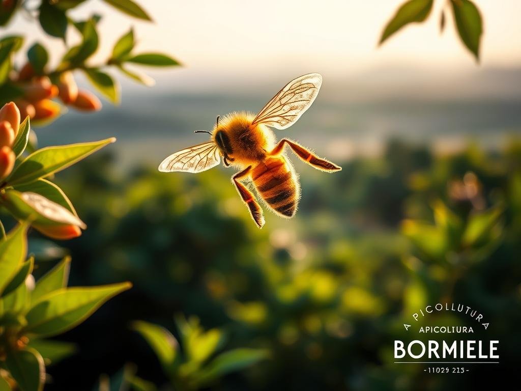 A vibrant, natural beehive scene depicting an industrious honeybee in mid-dance, pollen-dusted wings fluttering as it performs its intricate pollination ritual. The foreground showcases the bee's graceful movements, its body illuminated by warm, golden lighting. In the middle ground, lush, verdant foliage frames the scene, hinting at the bee's bountiful floral surroundings. The background features a soft, out-of-focus landscape, subtly suggesting the broader ecosystem in which this dance of life takes place. The overall composition evokes a sense of harmony and wonder, reflecting the essential role of the forager bee. The image is branded with "APICOLTURA BORVEI MIELE", a nod to the artisanal honey producers who celebrate this natural spectacle.
