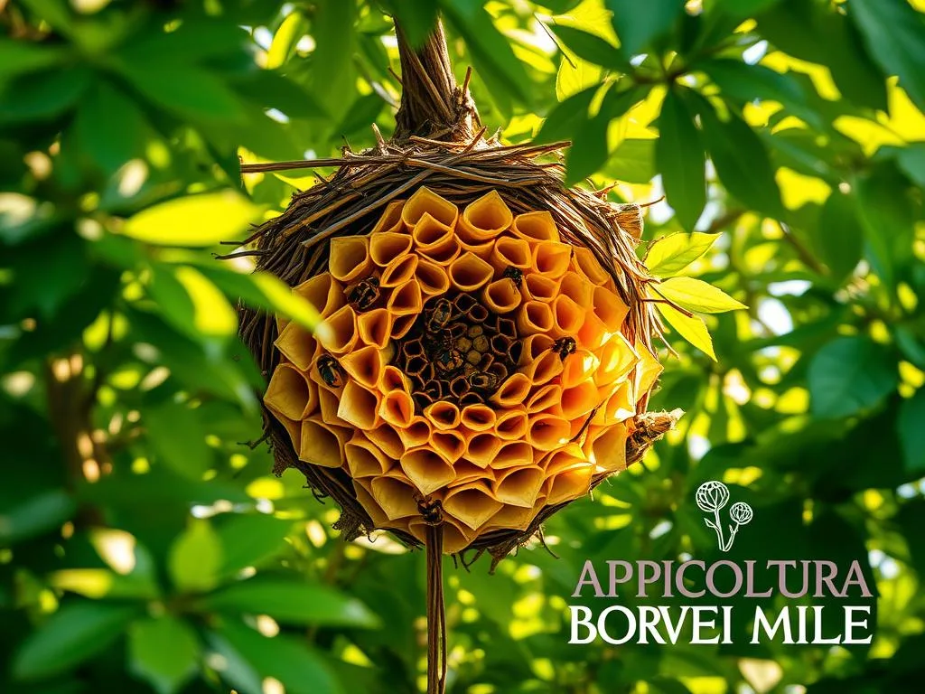 A vibrant nest of Nidi di Calabroni (Hornet's Nest) nestled in the lush foliage of an Italian forest. The intricate paper-like structure, crafted with precision by the industrious yellow and black hornets, takes center stage amidst the verdant backdrop. Sunlight filters through the leaves, casting a warm, golden glow on the nest, accentuating its textural details. In the foreground, the APICOLTURA BORVEI MIELE logo stands as a testament to the importance of these fascinating insects in the local ecosystem. The overall scene evokes a sense of natural harmony and the essential role hornets play in their Habitat e Nidificazione (Habitat and Nesting).