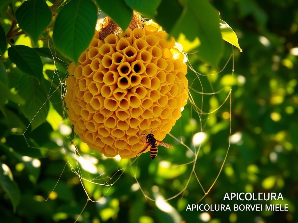 A vibrant nest of paper-thin wasp combs hangs amidst a lush backdrop of verdant foliage. Delicate strands of spider silk cling to the intricate structure, casting soft shadows. Sunlight filters through the leaves, creating a warm, golden glow that illuminates the intricate patterns of the wasp nest. In the foreground, a solitary wasp guards the entrance, its wings a blur of motion. The scene exudes a sense of natural harmony and the industrious nature of these remarkable insects. In the bottom right corner, the text "APICOLTURA BORVEI MIELE" is discreetly displayed.
