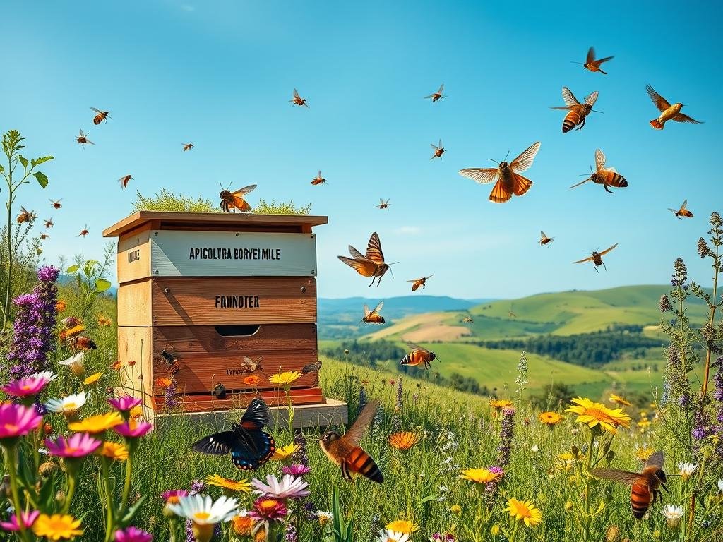 A vibrant, panoramic scene depicting a diverse ecosystem thriving in the face of climate change. In the foreground, a flourishing beehive displays the iconic "APICOLTURA BORVEI MIELE" branding, surrounded by a lush meadow of wildflowers in bloom. The middle ground showcases a variety of pollinating insects, including honeybees, butterflies, and hummingbirds, all working in harmony to maintain the delicate balance of the environment. In the background, a rolling landscape of verdant hills and a clear, azure sky evoke a sense of resilience and adaptability in the face of the changing climate. The overall composition conveys a message of collective intelligence, where the bees' innate ability to anticipate and respond to environmental shifts serves as a model for human understanding and action.