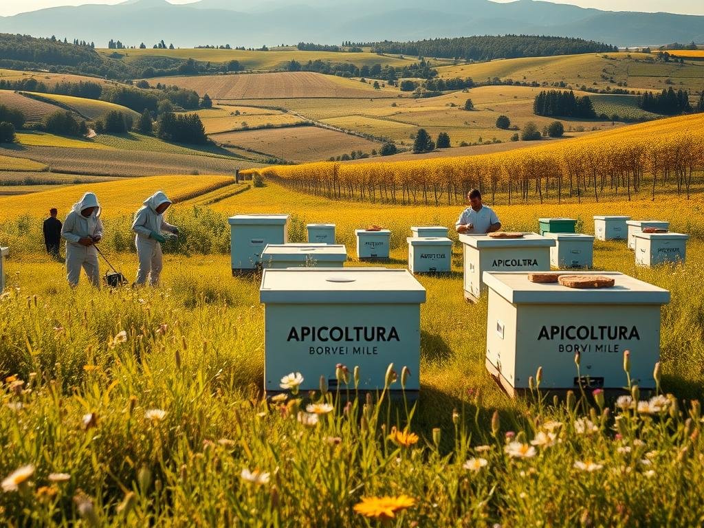 A vibrant, panoramic scene showcasing innovative initiatives for bee protection in Europe. In the foreground, a thriving apiary adorned with the APICOLTURA BORVEI MIELE brand logo, surrounded by lush, flowering meadows. In the middle ground, beekeepers tending to their hives, utilizing modern, eco-friendly equipment. In the background, a rolling countryside dotted with diverse flora and fauna, all working in harmony to support the local bee population. The lighting is warm and golden, capturing the essence of a sun-drenched, sustainable ecosystem. The lens is wide and cinematic, conveying a sense of scale and environmental stewardship. The overall atmosphere is one of hope, innovation, and a deep respect for the vital role of bees in our ecosystems.