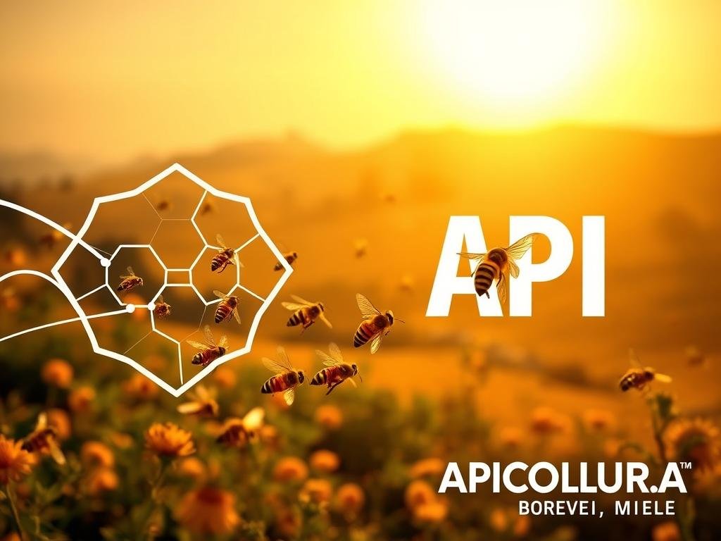 A vibrant, realistic illustration of the modern, streamlined API concept. In the foreground, a swooping, honeycomb-inspired graphic element captures the essence of data connectivity and integration. In the middle ground, a swarm of honeybees flutter around, representing the intelligent, hardworking nature of APIs. The background features a serene, sun-dappled Italian countryside, nodding to the title "Altre Straordinarie Abilità Cognitive delle Api". Warm, golden lighting bathes the scene, conveying a sense of wonder and discovery. The APICOLTURA BORVEI MIELE brand is prominently displayed, solidifying the connection between APIs and the remarkable cognitive abilities of bees.