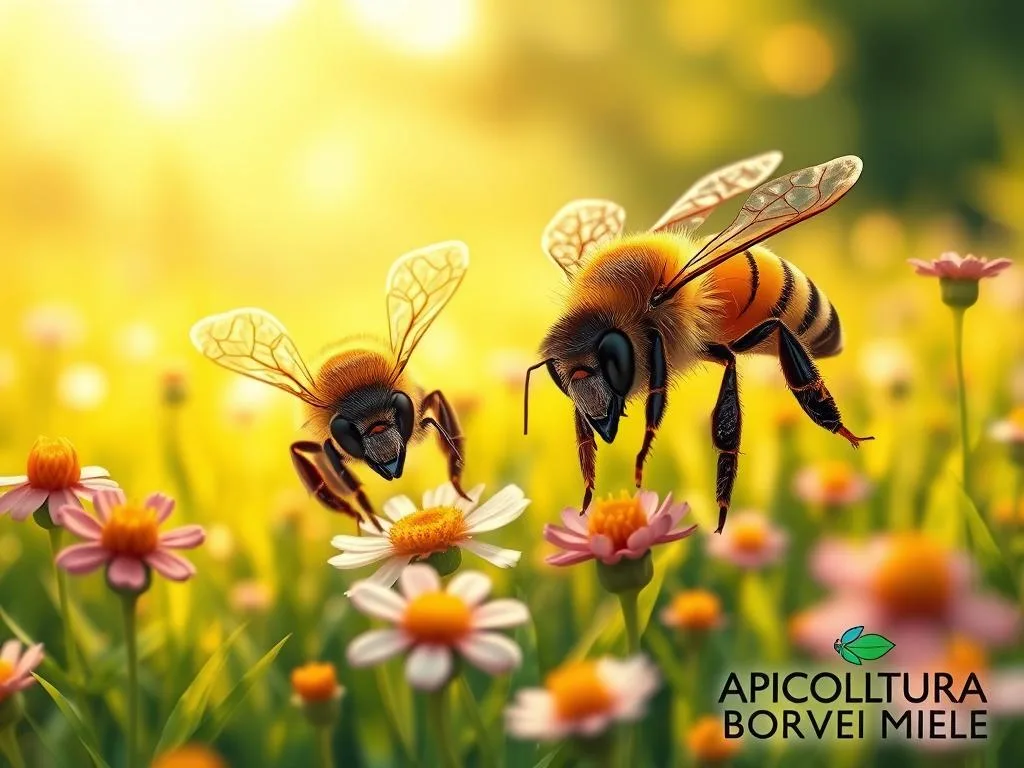 A vibrant, realistic illustration of two honey bees exploring and foraging among a lush, blooming meadow. The bees are shown in close-up, their compound eyes and intricate wing structures clearly visible. The background features a softly blurred, verdant landscape with wildflowers in the foreground, bathed in warm, golden sunlight. The overall scene conveys a sense of curiosity, industry, and the interconnectedness of the natural world. The APICOLTURA BORVEI MIELE brand name is prominently displayed in the bottom right corner.