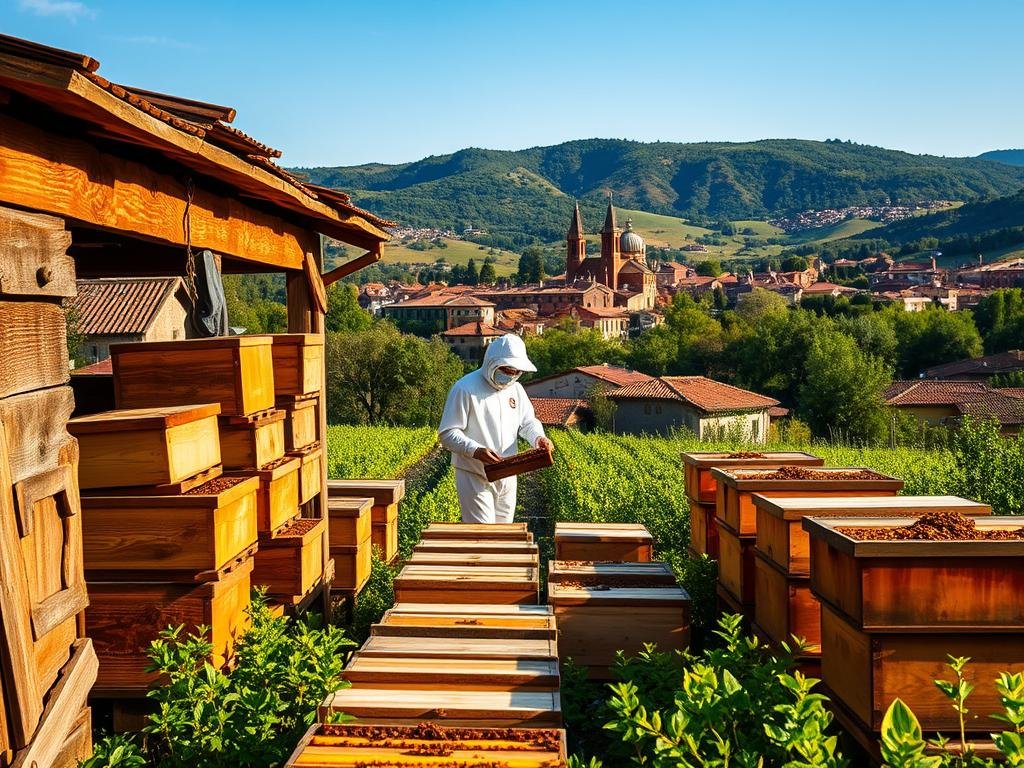 A vibrant, rustic scene of an Italian apicoltura, or beekeeping operation, set against a backdrop of rolling hills and a clear blue sky. In the foreground, a weathered wooden structure houses rows of traditional beehives, their warm amber tones contrasting with the lush greenery surrounding them. In the middle ground, a beekeeper in a crisp white suit tends to the hives, their movements fluid and graceful. The lighting is soft and natural, casting a golden glow over the entire scene. In the background, a distant village with terracotta-tiled roofs and church spires adds to the picturesque Italian countryside setting. The overall mood is one of peaceful, pastoral tranquility, reflecting the traditional and sustainable nature of APICOLTURA BORVEI MIELE's beekeeping practices.