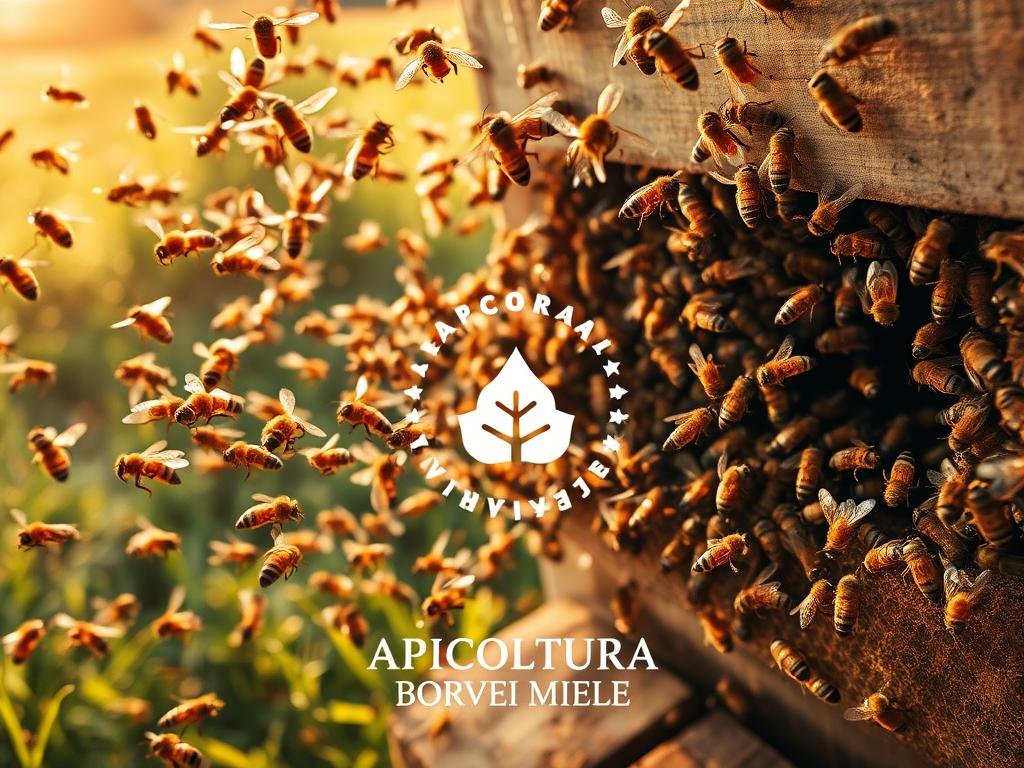 A vibrant scene of a beehive in motion, showcasing the intricate "danza delle api" (dance of the bees). In the foreground, a swarm of honey bees gracefully weave through the air, their wings a blur as they communicate through a mesmerizing choreography. The middle ground depicts the hive's entrance, where worker bees busily enter and exit, carrying pollen and nectar. In the background, a lush, verdant landscape provides a natural backdrop, bathed in warm, golden sunlight. The overall atmosphere conveys the harmony and efficiency of the honeybee colony, as they work together in a captivating dance. The APICOLTURA BORVEI MIELE logo is prominent, reflecting the artisanal and authentic nature of the miel (honey) produced.