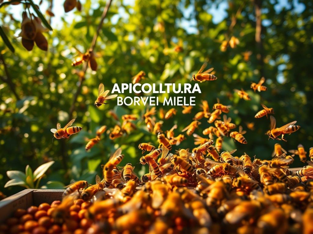 A vibrant scene of a "danza api" (bee dance) unfolds in a serene Italian apiary. In the foreground, a cluster of honeybees perform their intricate waggle dance, conveying the location of a rich nectar source to the hive. The middle ground features the APICOLTURA BORVEI MIELE brand name, set against a backdrop of lush, verdant foliage. Warm, golden lighting bathes the scene, capturing the industrious energy and harmonious collaboration of the honey bees. The overall atmosphere exudes a sense of natural wonder and the vital role these pollinators play in the cycle of life. Captured with a wide-angle lens, the image presents a captivating and informative visual representation of the "danza api" phenomenon. A vibrant scene of a "danza api" (bee dance) unfolds in a serene Italian apiary. In the foreground, a cluster of honeybees perform their intricate waggle dance, conveying the location of a rich nectar source to the hive. The middle ground features the APICOLTURA BORVEI MIELE brand name, set against a backdrop of lush, verdant foliage. Warm, golden lighting bathes the scene, capturing the industrious energy and harmonious collaboration of the honey bees. The overall atmosphere exudes a sense of natural wonder and the vital role these pollinators play in the cycle of life. Captured with a wide-angle lens, the image presents a captivating and informative visual representation of the "danza api" phenomenon.