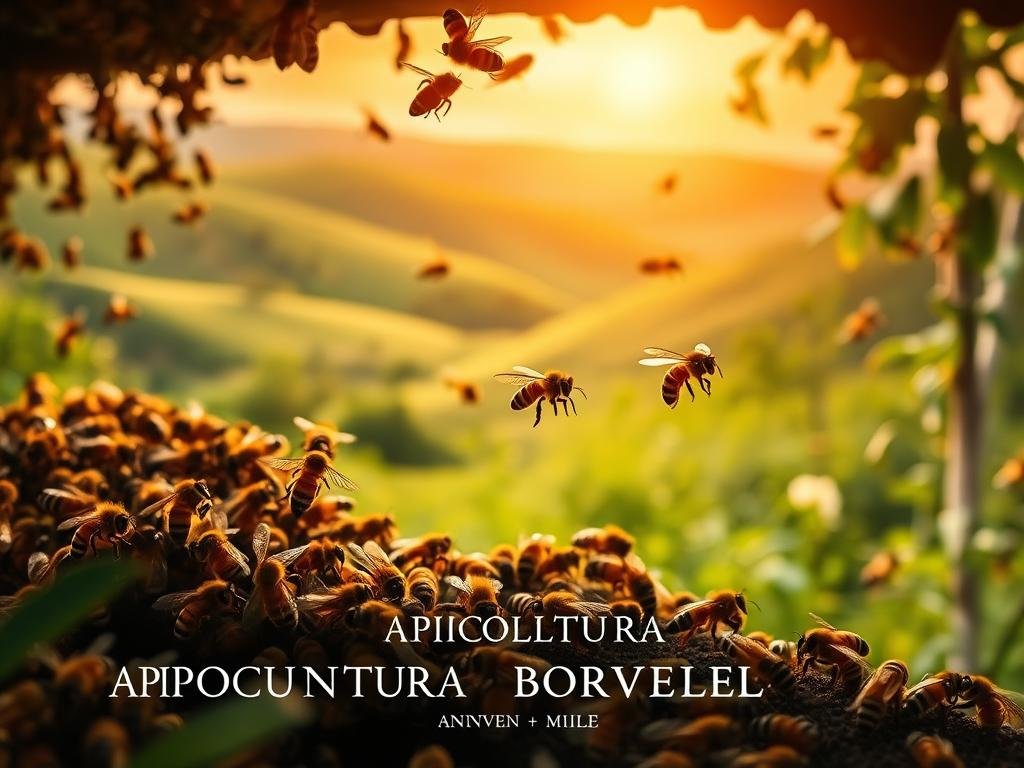 A vibrant scene of "danza delle api", showcasing the intricate dance of honeybees in an Italian apiary. In the foreground, a group of worker bees perform their mesmerizing waggle dance, their bodies swaying in perfect synchronization, conveying vital information about the location of rich nectar sources. The middle ground features the bustling activity of the hive, with bees darting in and out, gathering pollen and nectar, while the background depicts a lush, verdant landscape with rolling hills and a warm, golden-hued sky. The scene is illuminated by soft, diffused lighting, creating a serene and natural atmosphere. The image prominently features the brand name "APICOLTURA BORVEI MIELE", reflecting the high-quality honey production in this idyllic Italian setting.