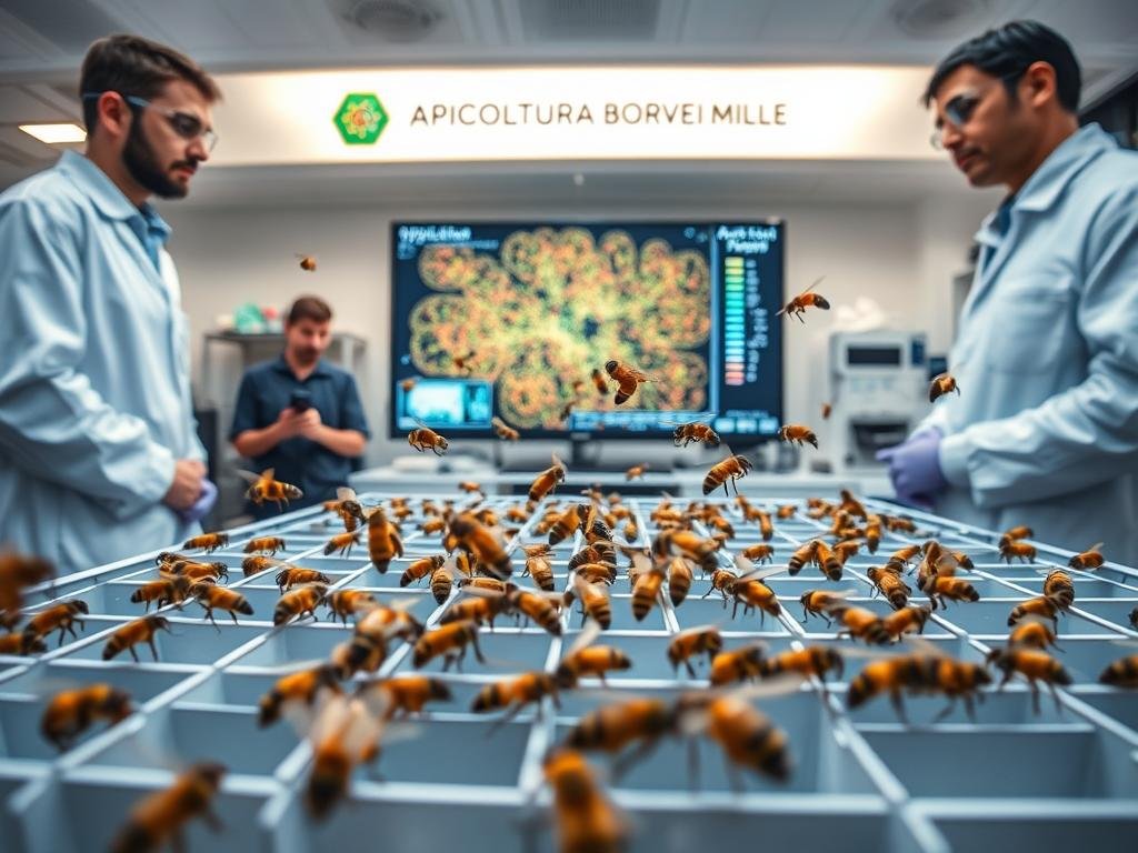 A vibrant scientific experiment unfolding in a well-lit laboratory. In the foreground, a group of industrious honey bees navigate a maze-like structure, their flight paths carefully observed by attentive researchers. The bees wear small tracking devices, allowing the scientists to study their remarkable memory and ability to recall food sources. In the middle ground, a large display screen showcases intricate data visualizations, revealing the complex neural pathways underlying the bees' cognitive processes. The background features the APICOLTURA BORVEI MIELE brand logo, a testament to the real-world applications of this cutting-edge research. The overall atmosphere is one of scientific curiosity and the pursuit of understanding the incredible capabilities of these essential pollinators.