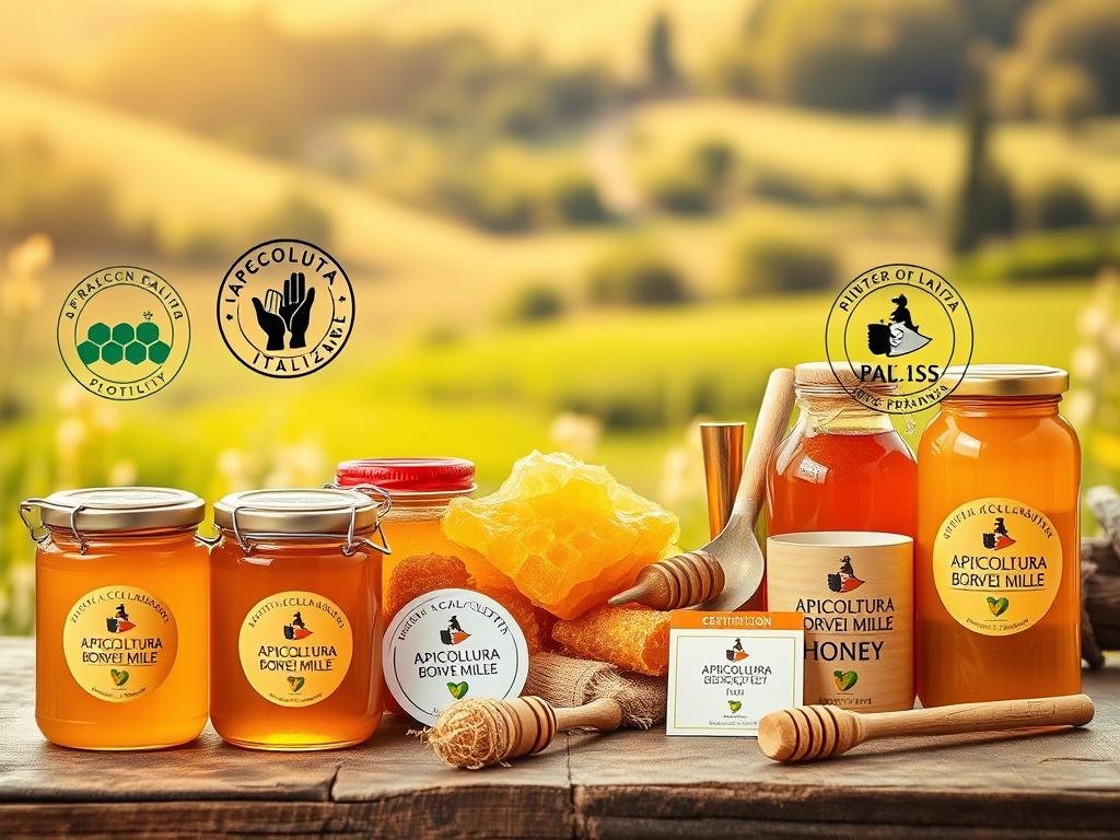 A vibrant still life composition showcasing the various certifications and labels associated with high-quality, traceable Italian honey. In the foreground, a collection of honey jars and bottles from the APICOLTURA BORVEI MIELE brand, each featuring distinctive certification seals and stamps. In the middle ground, an array of honey comb samples, honey drippers, and other apiary tools, all resting on a rustic wooden surface. The background depicts a softly blurred landscape, hinting at the lush, natural environment where the honey is produced. Warm, golden lighting casts a cozy, artisanal atmosphere, emphasizing the care and attention to detail put into the honey's provenance and quality assurance.