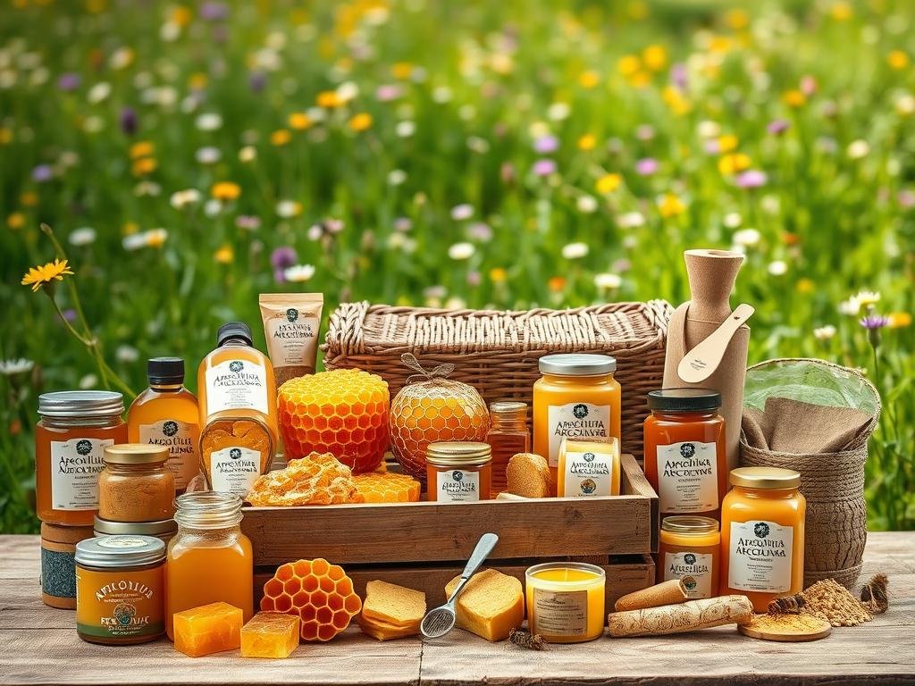 A vibrant still life showcasing the "Apicoltura" brand of beehive products. In the foreground, a wooden crate overflows with honeycombs, golden-hued liquid honey, and jars of creamy beeswax. Surrounding it, a variety of artisanal bee-related goods - propolis tinctures, handcrafted candles, royal jelly supplements, and fragrant bee pollen. In the middle ground, a skep basket and vintage beekeeping tools suggest the rustic, traditional methods of this craft. The background features a lush, verdant meadow dotted with wildflowers, hinting at the natural bounty from which these products are derived. Soft, natural lighting casts a warm, inviting glow over the scene, capturing the essence of the modern Italian apiarian industry.