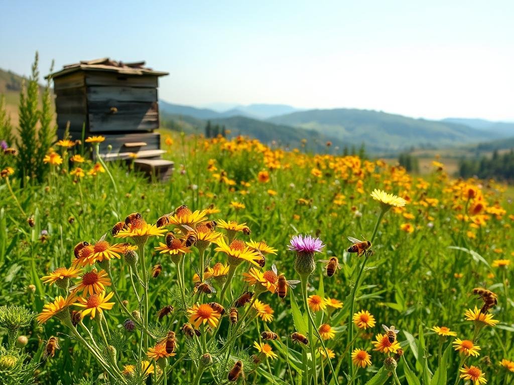 A vibrant, sun-dappled meadow filled with a diverse array of buzzing Apicoltura honeybees, their golden bodies darting among lush, verdant flora. In the foreground, a cluster of colorful wildflowers sway gently in a warm breeze, while in the middle ground, a weathered wooden hive stands as a testament to the bees' resilience. The background features rolling hills and a hazy, azure sky, conveying a sense of tranquility and harmony. The overall scene evokes the delicate balance between the bees and their environment, underscoring the impact of climate change on their vital life cycle.