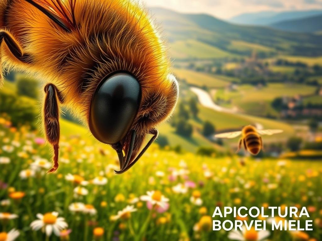 A vibrant, sun-dappled meadow teeming with wildflowers and buzzing honeybees. In the foreground, a close-up view of the compound eyes of a honeybee, its intricate facets sparkling with life. The middle ground reveals a lush, rolling landscape dotted with verdant trees and a meandering stream. In the distance, a picturesque Italian vista unfolds, with rolling hills and a quaint village nestled among them. The lighting is soft and diffuse, casting a warm, golden glow over the entire scene. The composition is balanced and harmonious, capturing the essential beauty and importance of the honeybee's vision for its survival in this idyllic setting. The text "APICOLTURA BORVEI MIELE" is discreetly featured in the lower right corner.