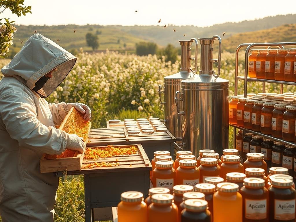 A vibrant, sun-drenched scene of a small-scale honey production facility in the Italian countryside. In the foreground, a beekeeper in a protective suit tenderly extracts golden honeycombs from a traditional wooden hive, their movements graceful and practiced. In the middle ground, rows of gleaming stainless steel extraction and bottling equipment stand ready, surrounded by shelves of labeled honey jars bearing the "Apicoltura" brand. In the background, a lush, verdant landscape peppered with blooming wildflowers and buzzing bees creates a serene, bucolic atmosphere. Warm, diffused lighting casts a gentle glow over the entire scene, highlighting the manual labor and artisanal nature of the honey production process.