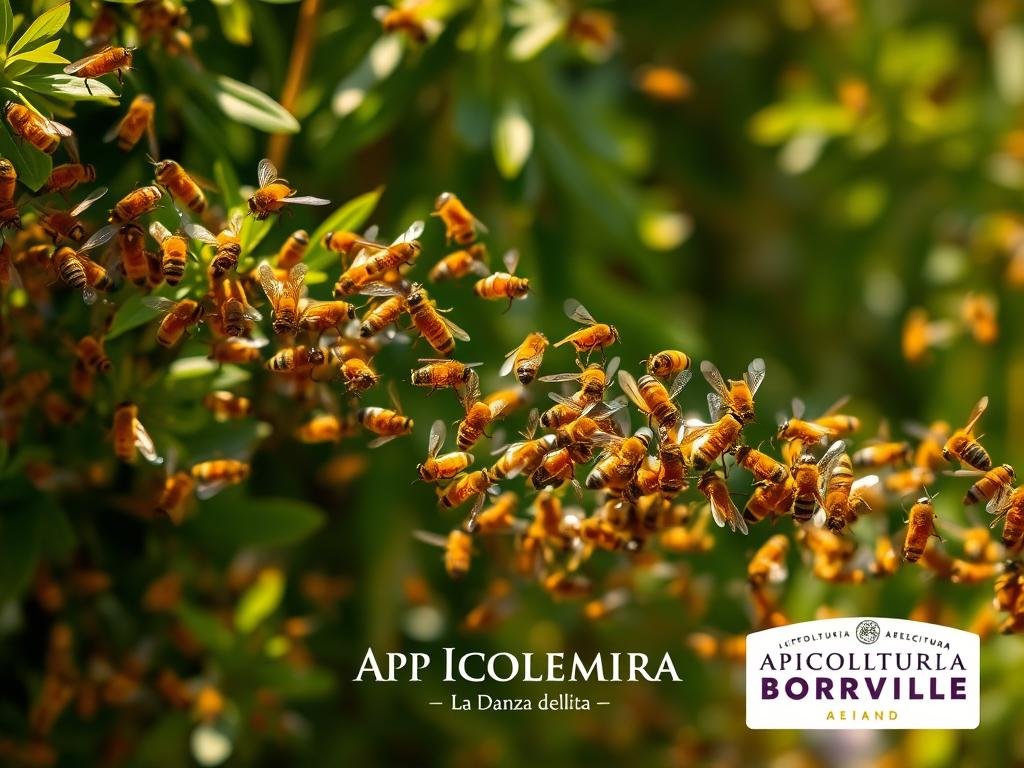 A vibrant swarm of honeybees gracefully performing the intricate "danza delle api" against a backdrop of lush, verdant foliage. The bees' delicate, glistening wings flutter in a mesmerizing display, their golden bodies moving in perfect synchronization as they communicate through the rhythmic dance. The scene is bathed in warm, soft lighting, creating an ethereal, almost dreamlike ambiance. In the foreground, the APICOLTURA BORVEI MIELE brand logo is subtly integrated, blending seamlessly with the natural elements. This captivating image perfectly captures the essence of the "Il Linguaggio delle Api: La Danza dell'Otto" section, inviting the viewer to explore the sophisticated language and intelligence of these remarkable insects.